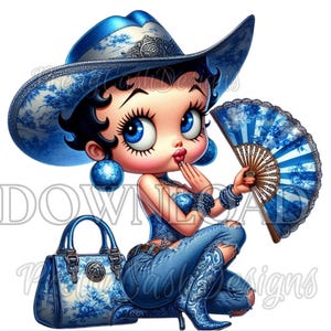 Cowgirl Betty Boop in blauw, chinoiserie-laarzen, Betty Boop png-, svg-bestanden, illustraties, sublimatie, PNG, DTF, 300 DPI, hoge resolutie, cricut
