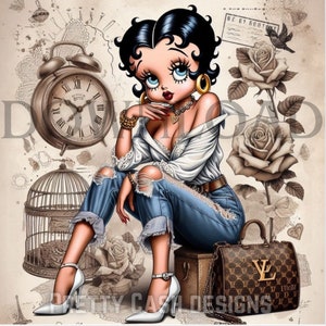 Shabby Chic Betty Boop PNG, Paquete de 5 imágenes, Postal, Pastel, Reloj, Pájaro, Papel Digital Rosa Rosa, Descarga Digital