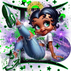 Zodíaco Gêmeos Betty Boop png, Betty Boop em tênis jeans arquivo de alta resolução para DTF, transferência de calor, arquivo Svg, Betty Boop svg, camiseta
