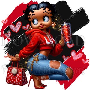 Betty Boop negra con sudadera roja, jeans azules, Betty Boop PNG, vaso bonito, envoltura para vaso, HD, alta resolución, sublimación, PNG, póster, regalo