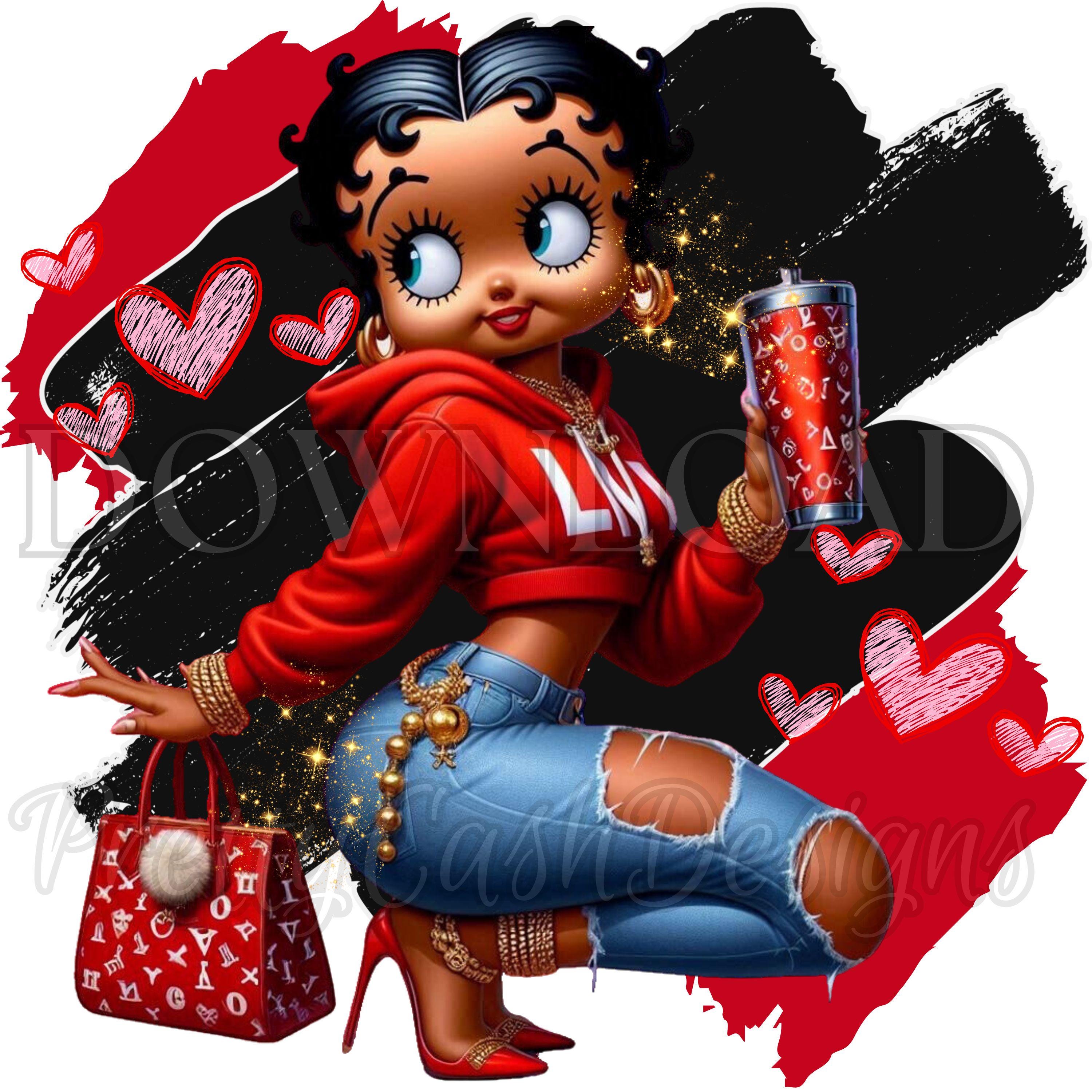 Schwarzes Betty Boop in rotem Hoodie, blaue Jeans, Betty Boop png, niedliches Tumbler, Tumbler wrap, HD, hohe Auflösung, Sublimation, PNG, Poster, Geschenk