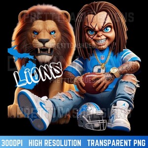 Dessin animé de football Chucky PNG | Téléchargement numérique | Fan Art Lions | Poupée Chucky png | PNG haute résolution | Sublimation de chemise