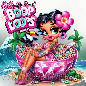 Cereal Betty Boop Loops, lindo, png divertido, png de Betty Boop, archivos svg, retrato de dibujos animados, clip art de Betty Boop, DTF, sublimación, diseño de camiseta