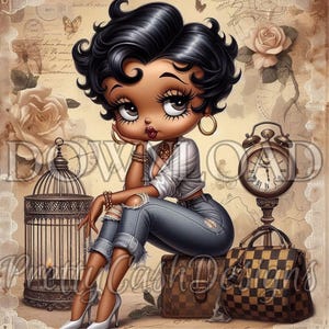 Vintage, Shabby Chic Black Betty Boop PNG, paquete de 5 imágenes, postal, pastel, reloj, pájaro, papel digital rosa rosa, descarga digital