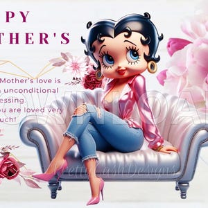 Stijlvolle afdrukbare Moederdagkaart Betty Boop png, bloemenkaart voor moeder, cadeau voor haar, Betty Boop png, moederdag png