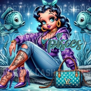 Betty Boop png, Zodíaco de Peixes, aniversariante, Clip Art, Sublimação, PNG, DTF, 300DPI, alta resolução, pôster de Betty Boop, vida marinha