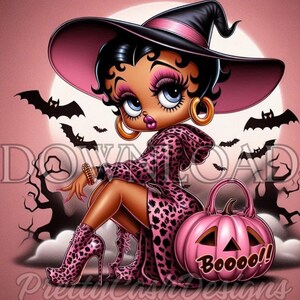 Halloween Betty Boop, roze Cheetah-luipaardprint Betty Boop PNG, digitaal ontwerp, download, Trick or Treat, sublimatie, heks, pompoen