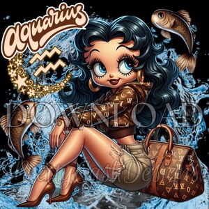 Océan Betty Boop png, Verseau, zodiaque, anniversaire de fille, clipart, sublimation, PNG, DTF, affiche Betty Boop, vie marine, marron, horoscope, png