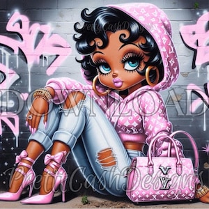 Streetwear tshirtontwerp, Betty Boop in lichtroze hoodie, jeans, laarzen met hoge hakken, Betty Boop png, digitale prints, illustraties, Betty Boop-kunst