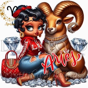 Bélier zodiaque Betty Boop, anniversaire, PNG, téléchargement numérique, Svg, enveloppe de verre, conception de gobelet skinny, impression d'art murale haute résolution, cadeau