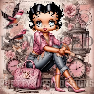 Shabby Chic Betty Boop PNG, pacote de 4 imagens, cartão postal, pastel, relógio, pássaro, papel digital rosa rosa, download digital