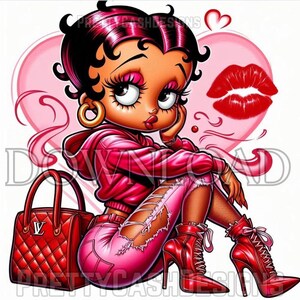 Boujee Betty Boop aux cheveux roux en sweat à capuche rose et rouge, jean déchiré et talons, Betty Boop png, fichier d'art numérique, clipart, tendance, sublimation