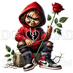 Romantische Chucky, Chucky PNG, aquarel png, Valentijnsdag png, gebroken harten png, sublimatie, vday shirt, DTF, png, digitale download, svg