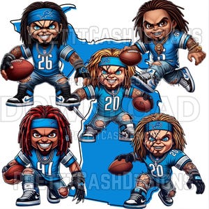 Ensemble de dessins animés Chucky sur le football de Detroit au format PNG | Téléchargement numérique | Fan Art Lions | Poupée Chucky png | PNG haute résolution | Sublimation de chemise