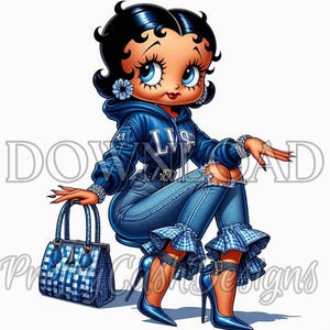 Graceful Betty Boop en jeans à capuche bleu, enveloppe de verre, HD, haute résolution, fichier à télécharger par sublimation, conception de tshirt DTF, boujee Betty Boop