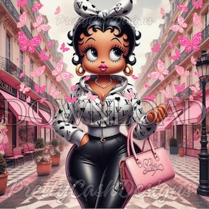 Pink Paris, roze zwart Betty Boop, Svg-bestanden, illustraties, Black Girl, mode kunst aan de muur, sublimatie, PNG, hoge resolutie, cricut, cadeau