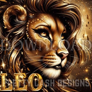 Retrato de Leona de Oro, León de Oro, Archivos Svg, Clip Art, Sublimación, PNG, DTF, 300DPI, alta resolución, cricut, Camiseta, Amantes de la Astrología, Leo