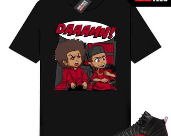Camiseta a juego con zapatillas Jordan 12 Flu Game, color negro, parodia de DAAAMN