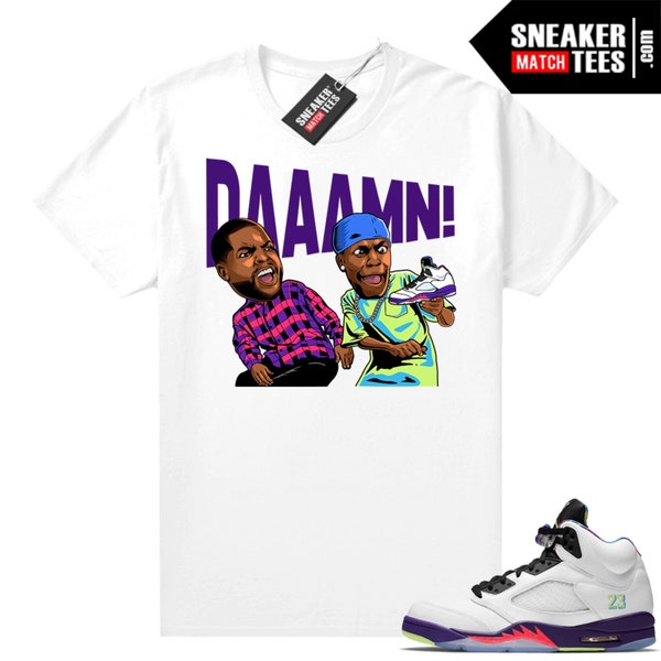 Alternate Bel-Air 5s shirts to match Sneaker Tees White "DAAAMN"