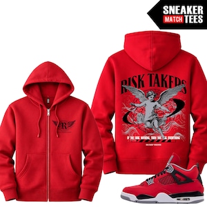 May include: Red zip-up hoodie with a front logo and a back graphic of an angel with wings, the words "RISK TAKERS", and a pair of red sneakers. The hoodie has a drawstring hood and front pockets. The sneakers are red, black, and white.