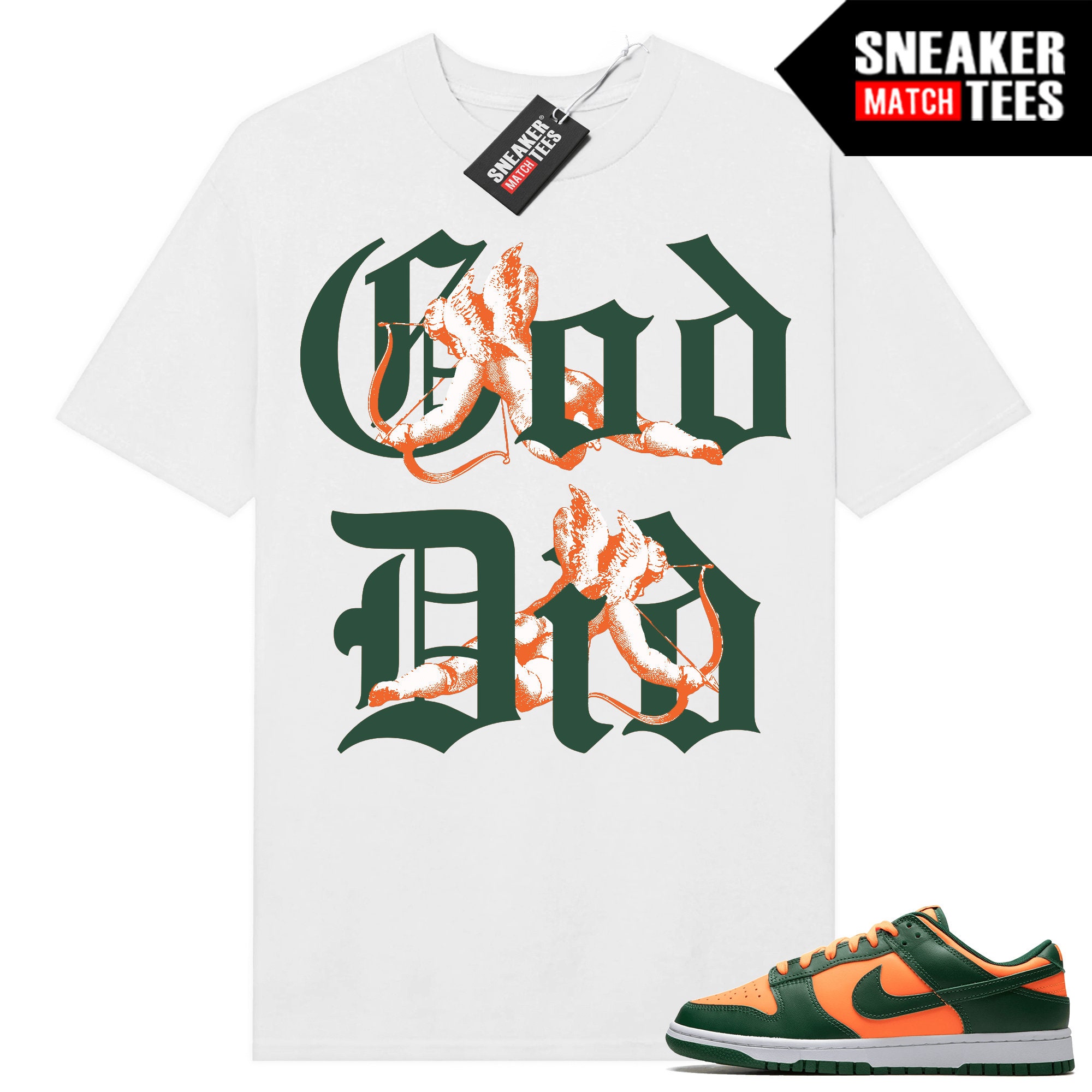 Miami Hurricanes Dunk Low to match Sneaker Match Tees White "God Did"