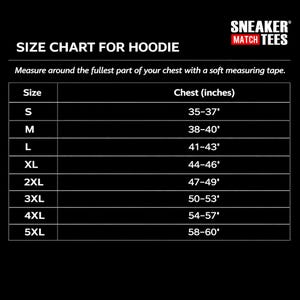 Puede incluir: Tabla de tallas para sudaderas con capucha, con medidas de pecho en pulgadas. Las tallas van desde la S (89-94 cm) hasta la 5XL (147-152 cm). La tabla est&aacute; sobre un fondo negro con el logo "SNEAKER MATCH TEES" en la esquina superior derecha.
