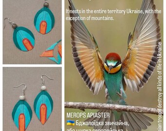 Feather earrings Boho earrings Bee-eater earrings Turquoise and orange earrings Bright earrings Sterling silver ear wires Large earrings