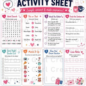 May include: A white couples fun activity sheet featuring eight sections including a word search, this or that, would you rather, finish the sentence, date night bucket list, match it up, draw your dream vacation, and love notes with pink hearts.