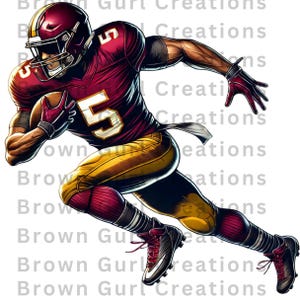 May include: A football player wearing a red and gold uniform with the number 5 on the front. He is running with the ball in his hands.