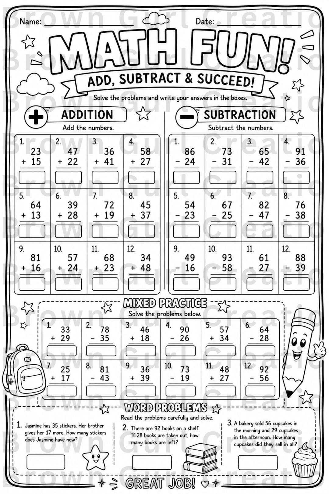 Math Fun Addition and Subtraction Worksheet for Kids | Printable Math ...