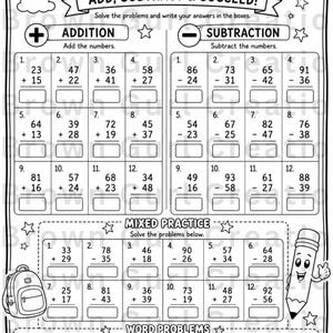 May include: A black and white math worksheet titled MATH FUN! ADD, SUBTRACT & SUCCEED! featuring sections for addition, subtraction, mixed practice, and word problems. The page includes numbered math equations, blank answer boxes, a backpack, a pencil, and a cupcake illustration.