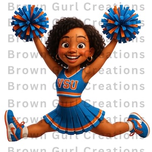 May include: A cartoon illustration of a cheerleader in a blue and orange uniform, performing a split while holding pom-poms. The uniform has the letters "VSU" on the top. The cheerleader is wearing blue sneakers with orange accents.