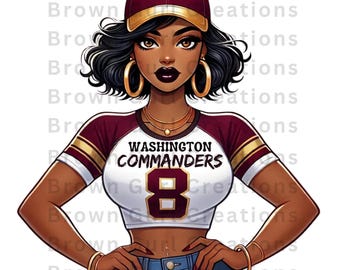 Imagen digital inspirada en los Washington Commanders / Ilustración de una mujer segura de sí misma de los Washington Commanders / Arte digital de dibujos animados audaces