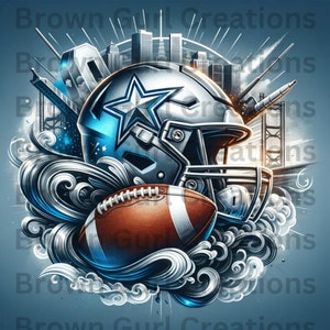 Puede incluir: Un casco de fútbol plateado con una estrella azul en el lateral, un balón de fútbol marrón y una ciudad en el fondo. El casco y el balón están rodeados de nubes estilizadas.