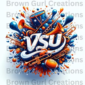 Puede incluir: Un diseño gráfico colorido que presenta las letras "VSU" en una fuente 3D blanca, azul y naranja. Las letras están rodeadas de una variedad de instrumentos musicales, incluyendo trompetas, tambores y un clarinete. El fondo es un patrón de salpicaduras naranja y azul vibrante.