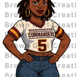 May include: Illustration of a person wearing a burgundy baseball cap, gold hoop earrings, and a white crop top with the text "WASHINGTON COMMANDERS" and the number 5. The person is also wearing blue jeans.