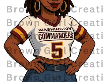 Könnte beinhalten: Illustration einer Person, die eine weinrote Baseballkappe, goldene Creolen und ein weißes Crop-Top mit dem Text "WASHINGTON COMMANDERS" und der Nummer 5 trägt. Die Person trägt auch eine blaue Jeans.