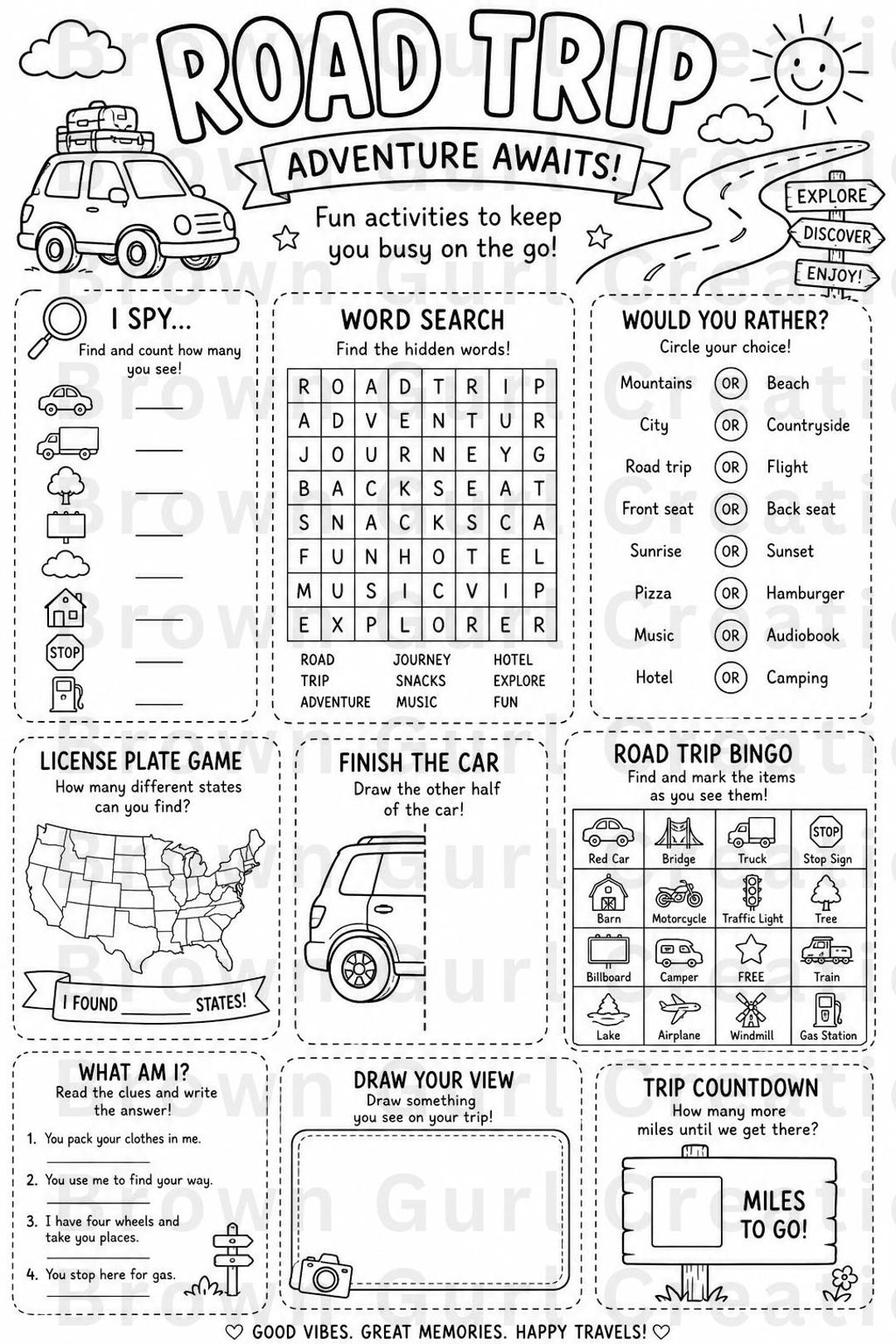Fun Worksheets For Car Rides Road Trip Activity Sheet for Kids | Printable Travel Game | Kids Road ...