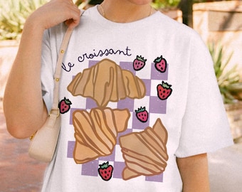 Le Croissant Pastry Strawberry Shirt | Sunday Morning Paris Shirt Old Money Aesthetic Breakfast Club Mimosa Shirt French Butter Shirt Cafe