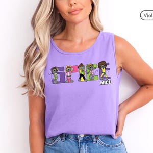 May include: A purple sleeveless tank top with a graphic of five cartoon mice spelling out "SPACE MICE".