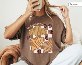 Le Croissant Pastry Strawberry Shirt | Sunday Morning Paris Shirt Old Money Aesthetic Breakfast Club Mimosa Y2K Shirt French Coffee Tshirt