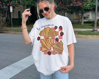 Le Croissant Pastry Strawberry Shirt | Sunday Morning Paris Shirt Old Money Aesthetic Breakfast Club Mimosa Y2K Shirt French Coffee Tshirt