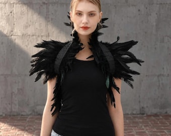 Feather Collar Capelet, Gothic Black Feather Epaulettes, Festival Rave Wrap Shrug, Cosplay Maleficent Costume Accessory, INSTA CARTT