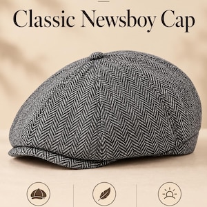 May include: A grey and black newsboy cap featuring a herringbone pattern, a rounded crown, and a short brim. The text InstaCartt Classic Newsboy Cap is visible at the top, with icons and text for Timeless Style, Comfort Fit, and Everyday Wear below.
