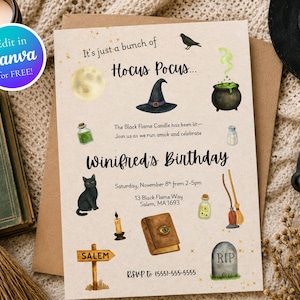 Könnte beinhalten: Eine rechteckige Geburtstagseinladungskarte mit Aquarellillustrationen eines Hexenhuts, eines brodelnden Kessels, einer schwarzen Katze, eines Zauberbuchs, eines Besens und eines Grabsteins. Der Text lautet: It's just a bunch of Hocus Pocus... Winifred's Birthday.