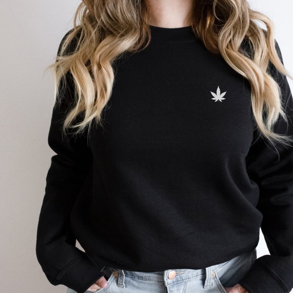 Weed Leaf, Marijuana Sweatshirt, Black Maroon Navy Embroidered Vintage Crewneck, 420 Sweater
