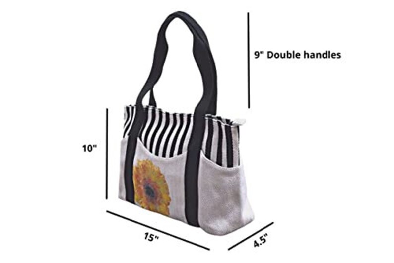 May include: A black and white striped tote bag with a sunflower print and a 9" double handle. The bag measures 10" tall, 15" wide, and 4.5" deep.