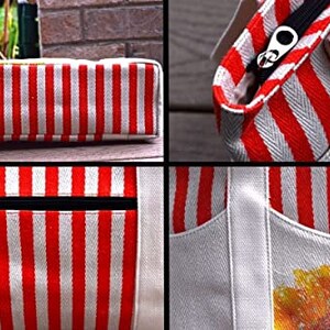 May include: A white canvas tote bag with red and white stripes. The bag has a zippered pocket on the front and a sunflower design on the bottom.