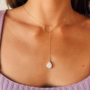 Moonstone Gold Necklace, Teardrop Crystal Necklace, Gemstone Necklace, Gold Necklace