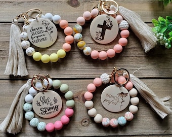Inspirational Beaded Wristlet Keychain with Tassel, Christian Gift, Religious Keychain